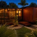 Escape N2 tiny house exterior at twilight with screened Florida room at Escape Tampa Bay Palm Court Lot 28