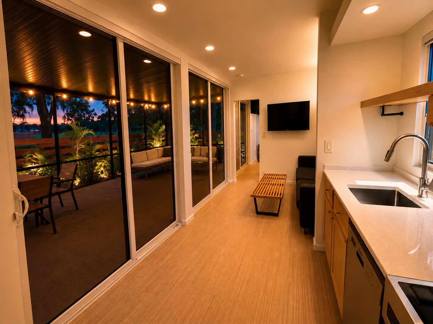 Wall of opening glass doors connecting the Escape N2 living area to the Florida room