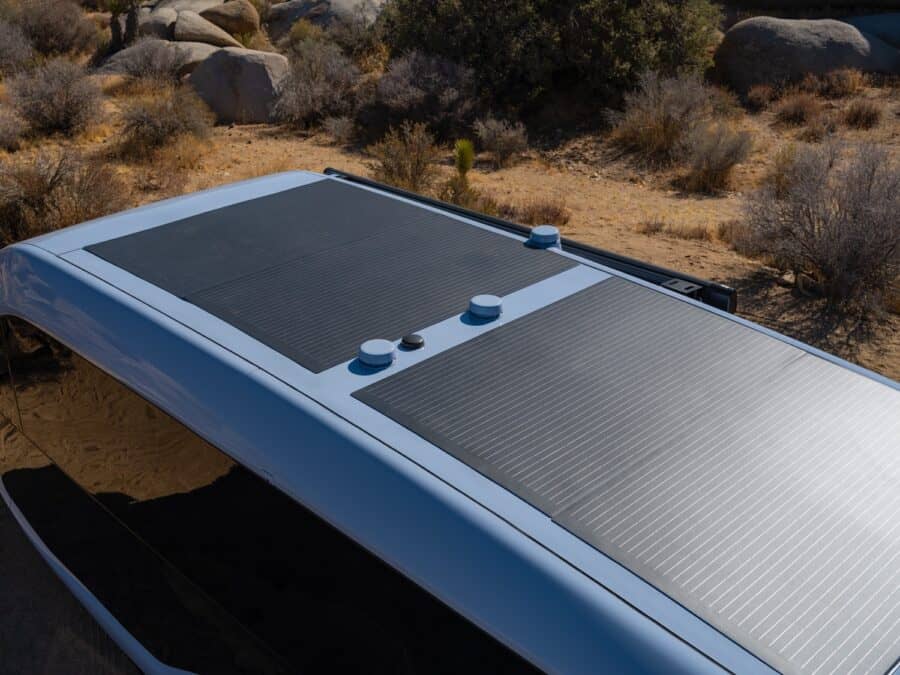Electric trailer with solar panels for off-grid tiny living.