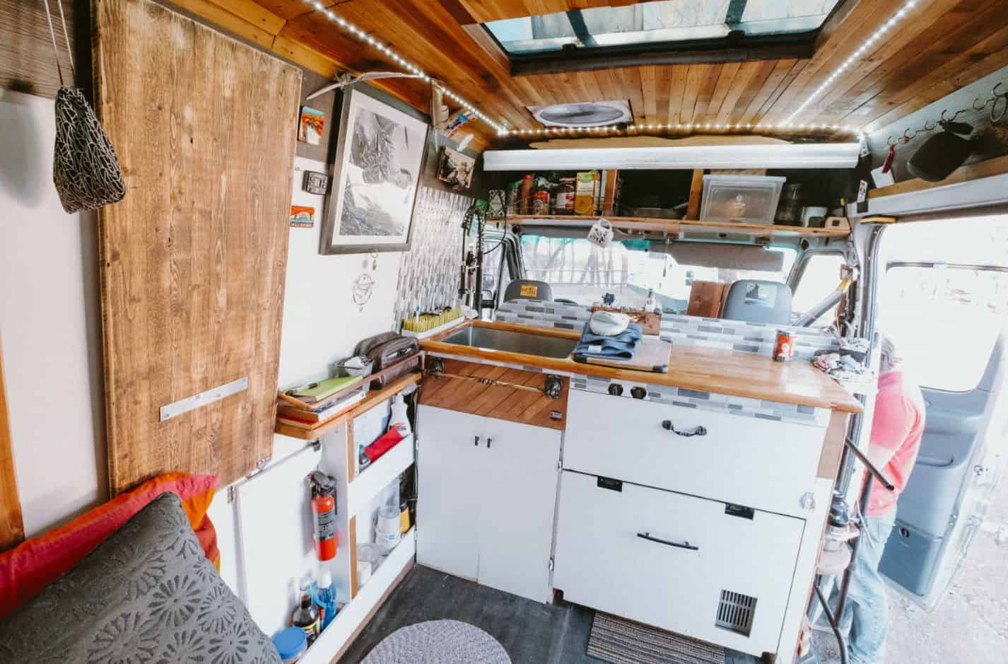 Cozy Van Kitchen with Wooden Interior and Storage
