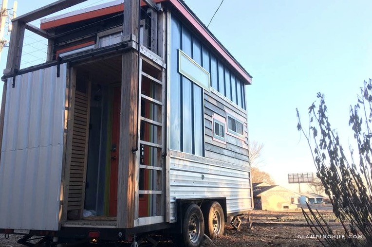 Quirky industrial-style tiny house on wheels with PRIVATE built-in outdoor shower