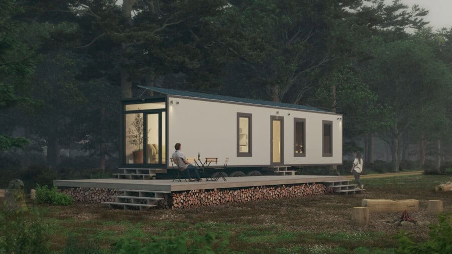 SEFR Home refrigerated trailer tiny house finished modern white THOW render forest solar deck