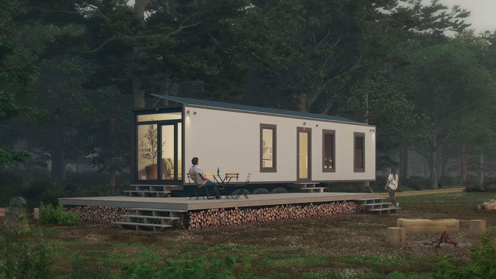 SEFR Home refrigerated trailer tiny house finished modern white THOW render forest solar deck