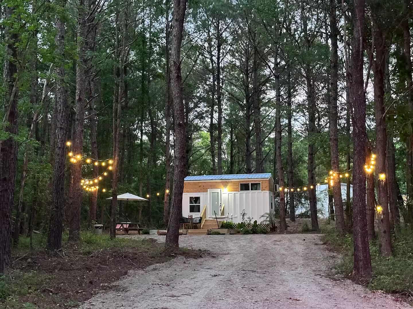 The Rasa tiny home glowing at dusk with string lights strung through the pines