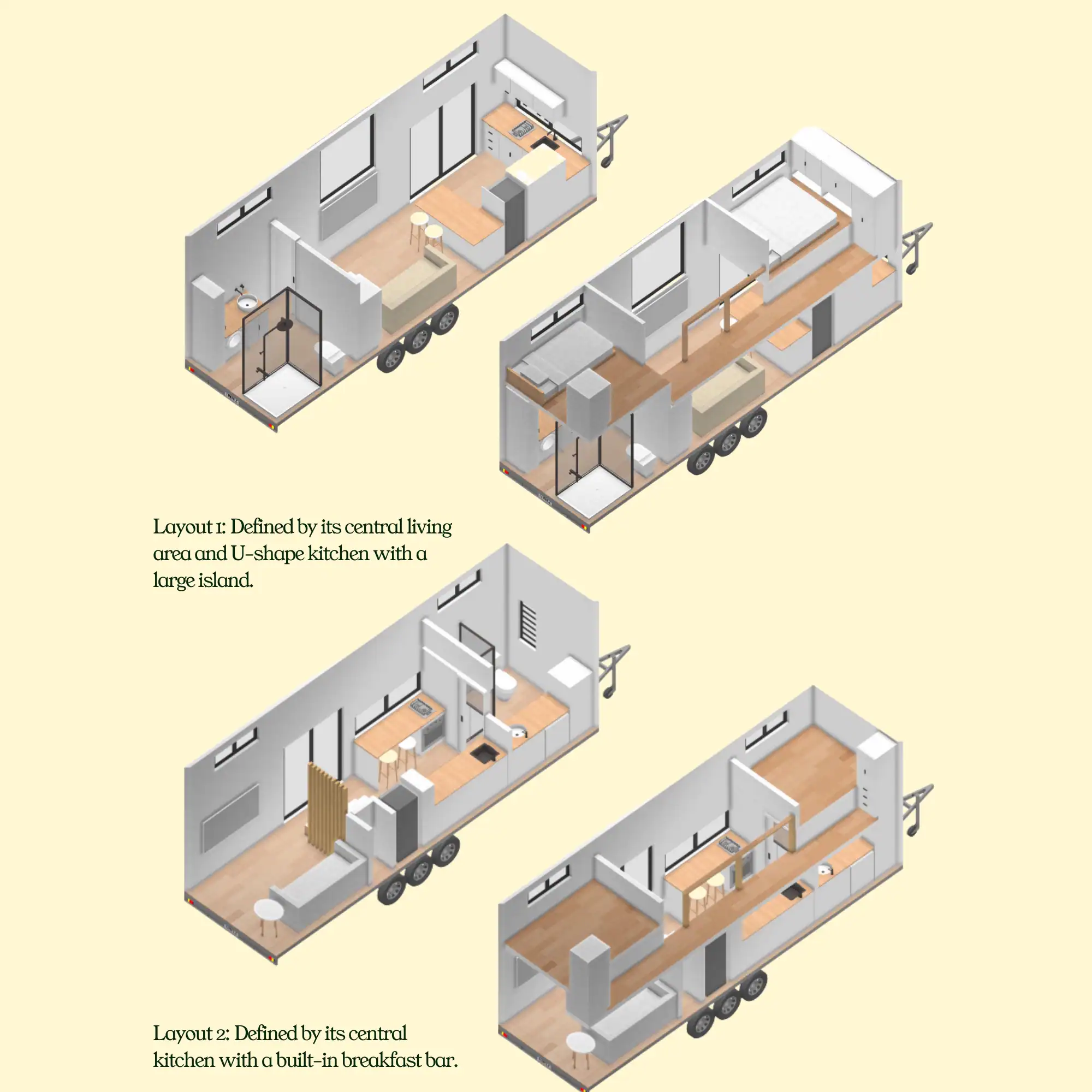 The two floor plan layout options for the Removed Byron Bay tiny house