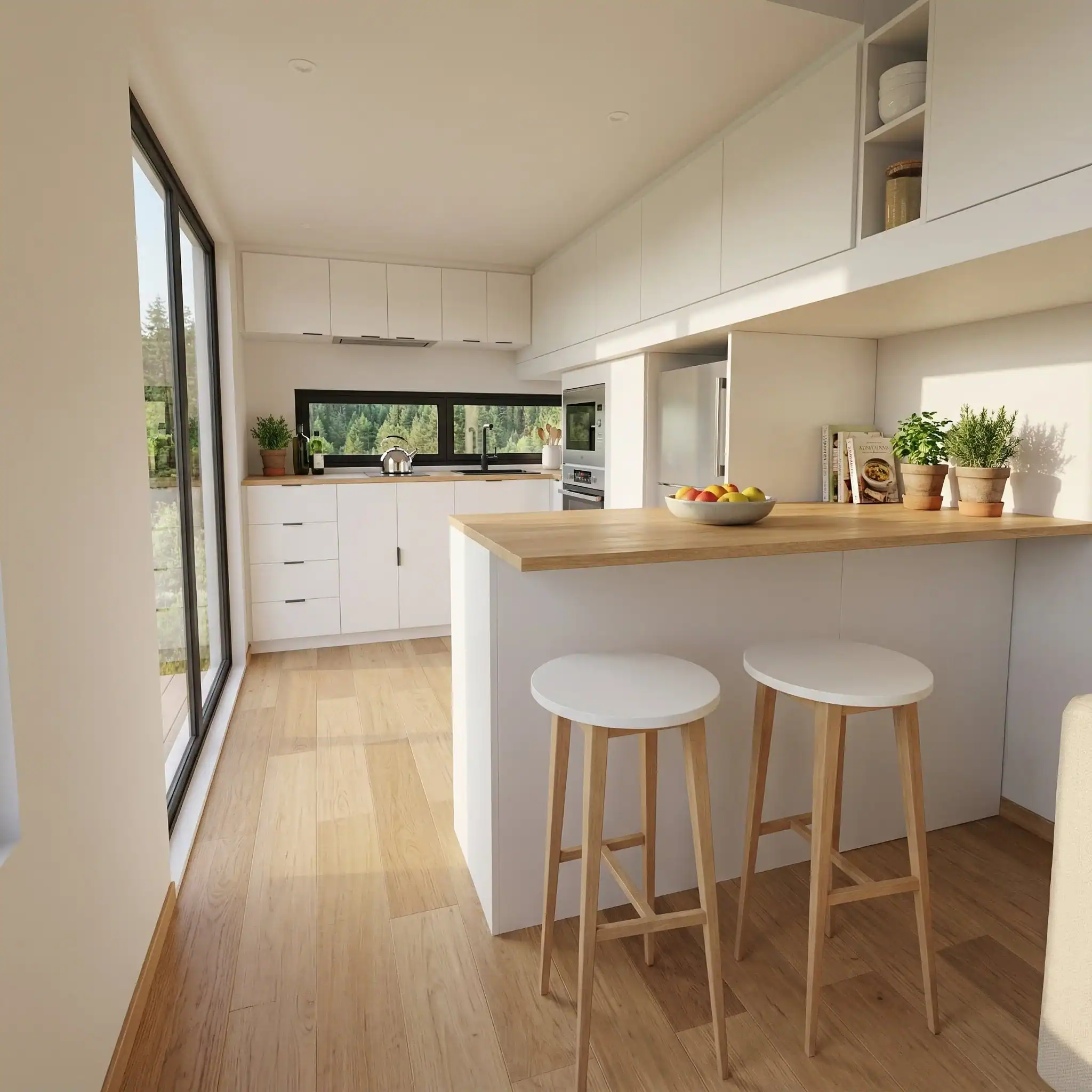 The Removed Byron Bay kitchen with white cabinetry, a timber waterfall island, bar stools, and a picture window