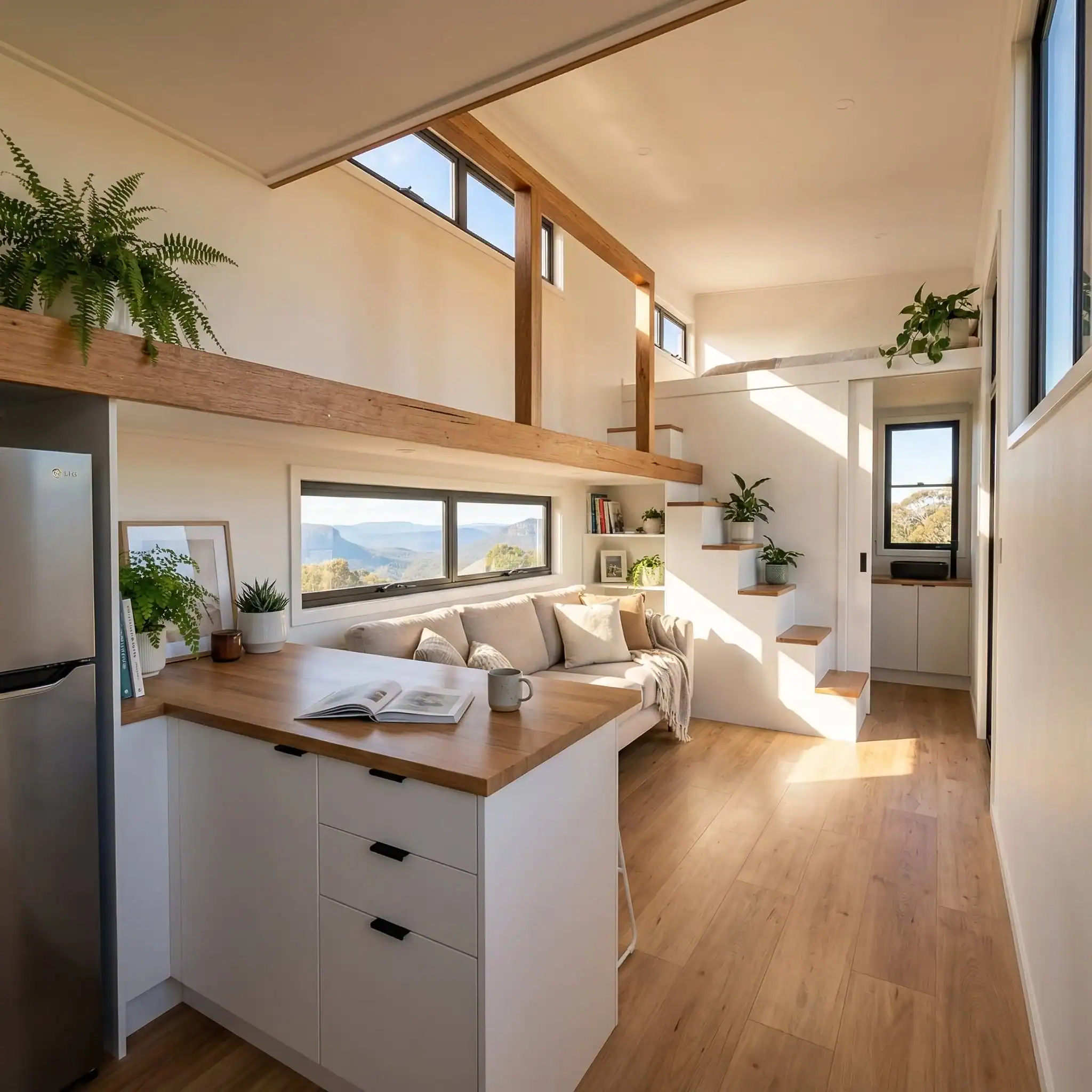 The living area of the Removed Byron Bay tiny house with a sofa beneath the loft and clerestory windows