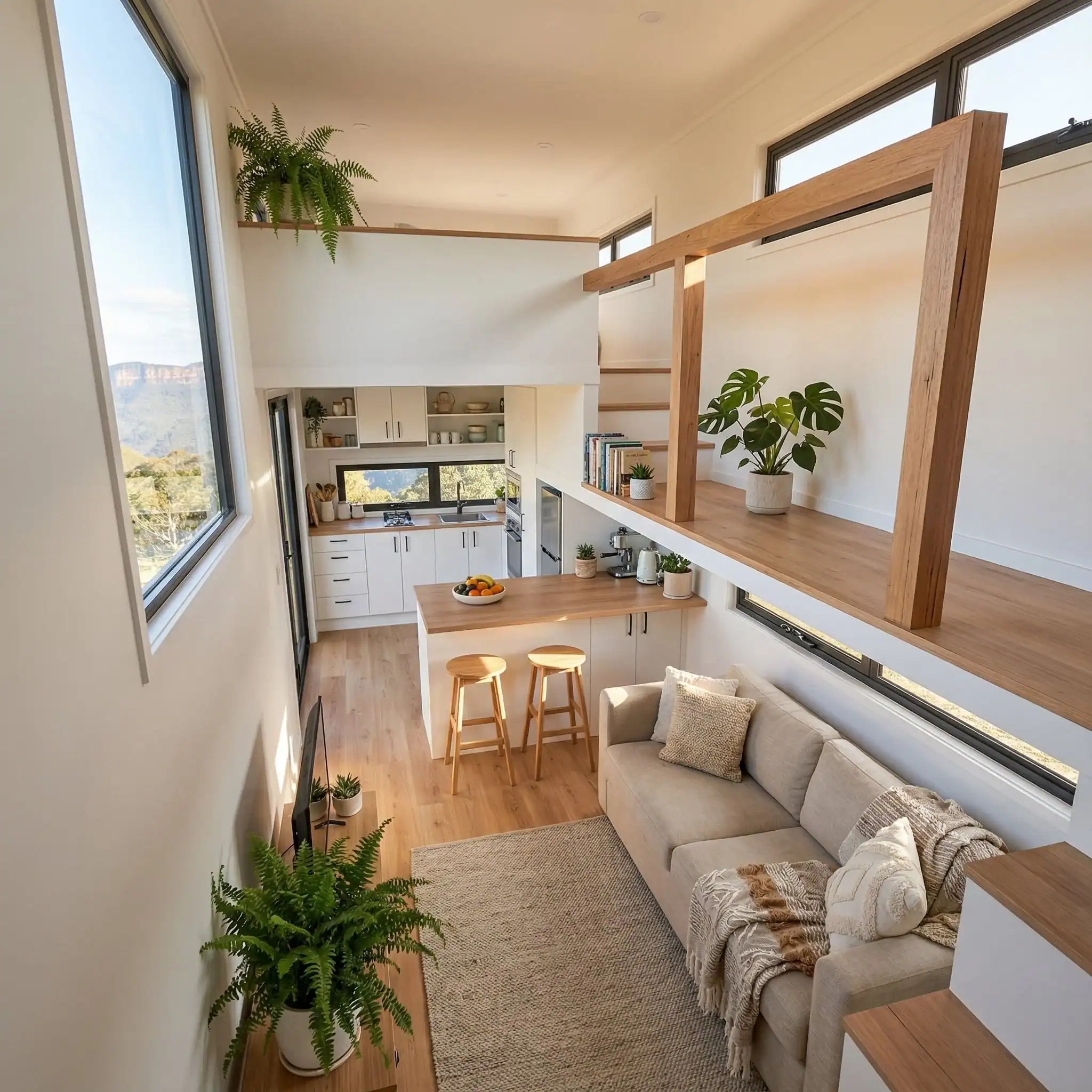 Open-plan living and kitchen inside the Removed Byron Bay tiny house with a butcher-block island and loft above