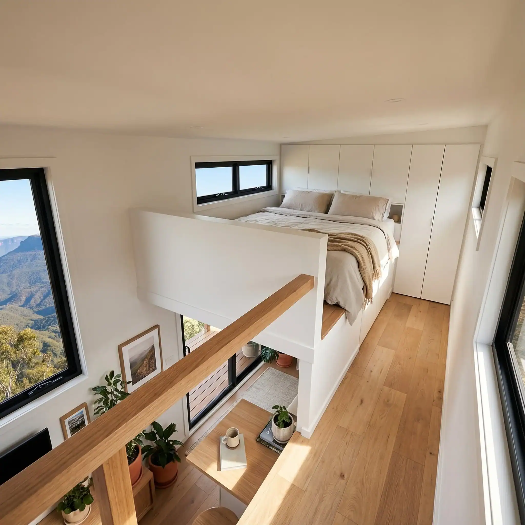 The main loft bedroom in the Removed Byron Bay tiny house with a queen bed and built-in wardrobe storage