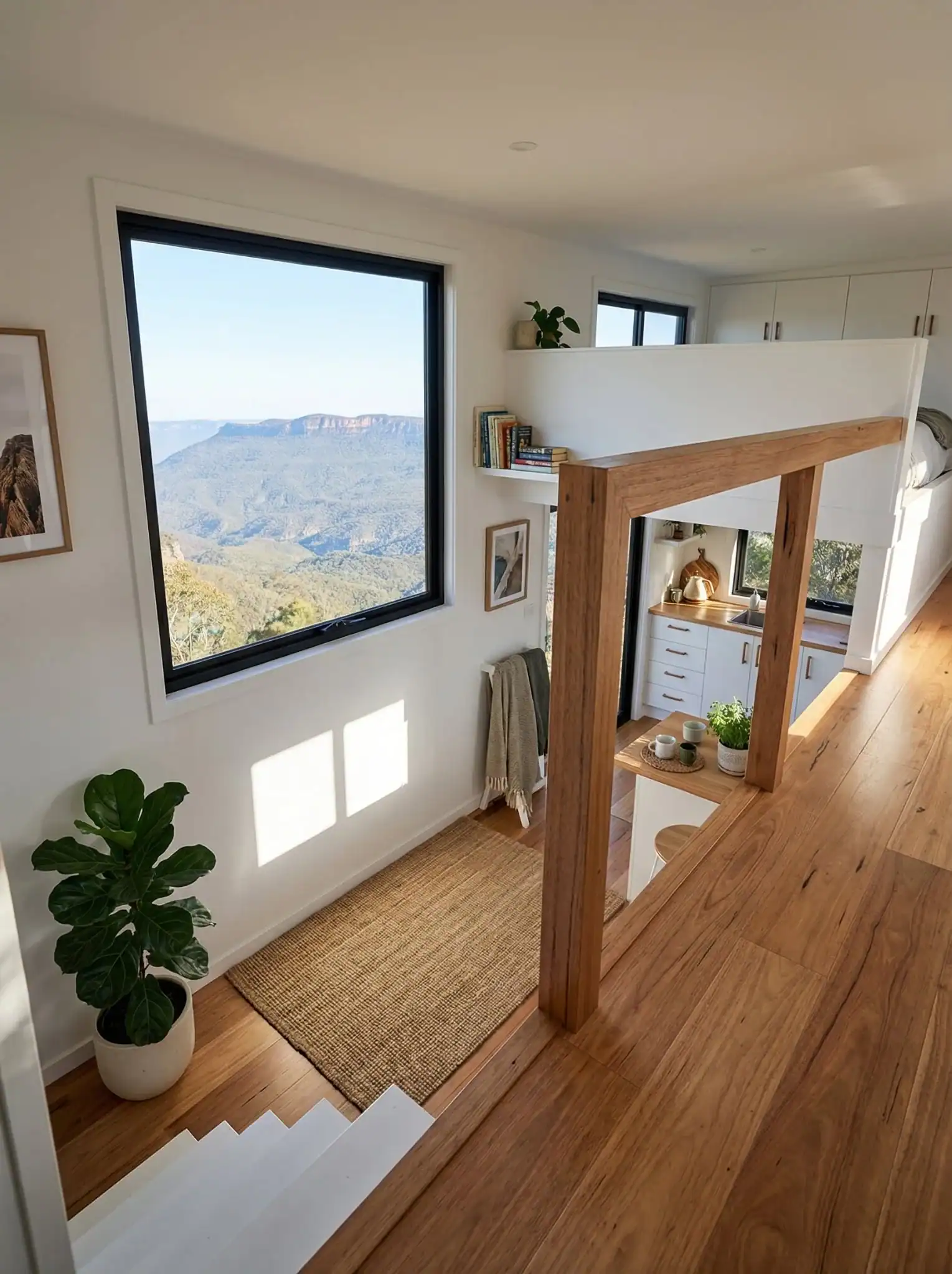 The standing-height mezzanine walkway in the Removed Byron Bay with a timber-framed picture window and mountain view