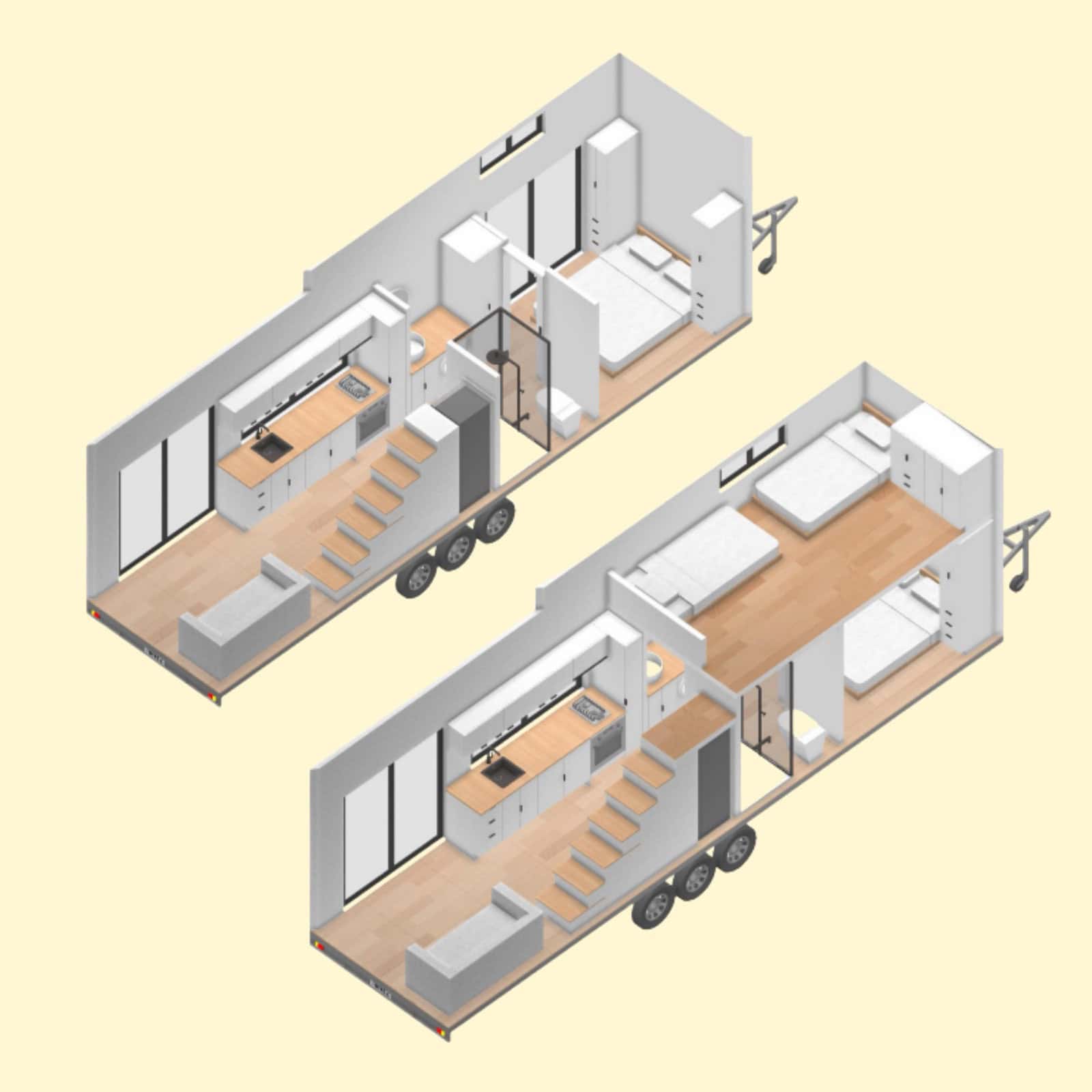 A 3D cutaway floor plan of the Cabarita tiny house showing the downstairs bedroom, walk-through ensuite, kitchen, living area, and upstairs loft