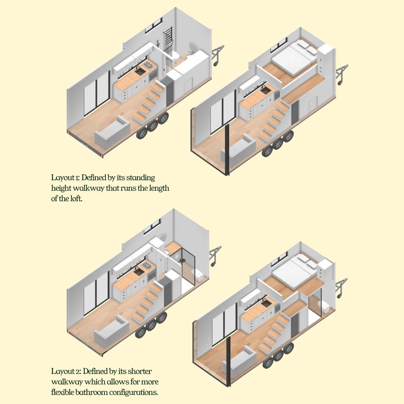 Two floor plan layouts for the Currumbin: one with a standing-height walkway running the full length of the loft, and one with a shorter walkway for flexible bathroom configurations