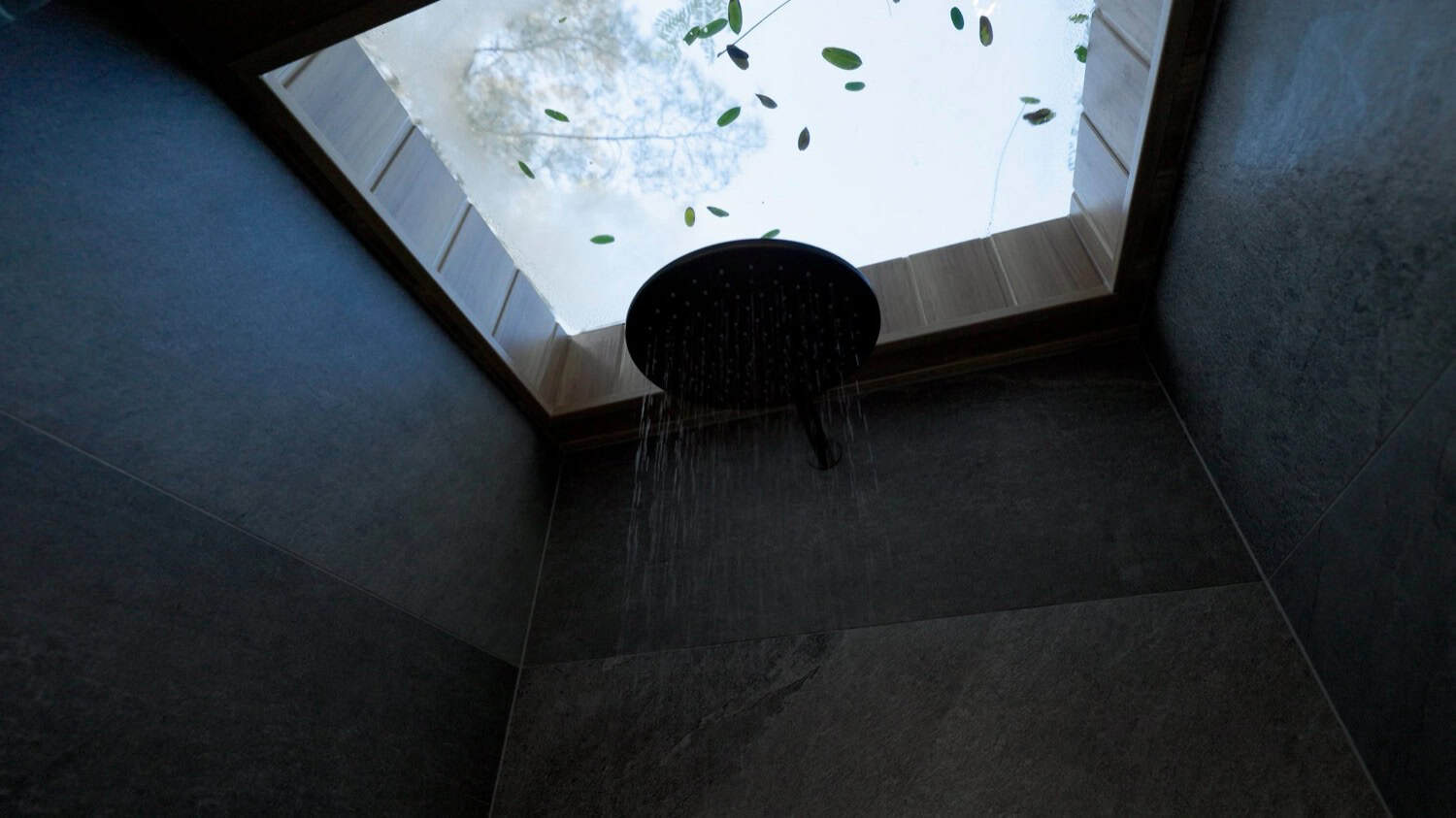 A dark stone-tiled shower in the Springbrook with a matte-black rainfall head and a skylight overhead dropping natural light into the space