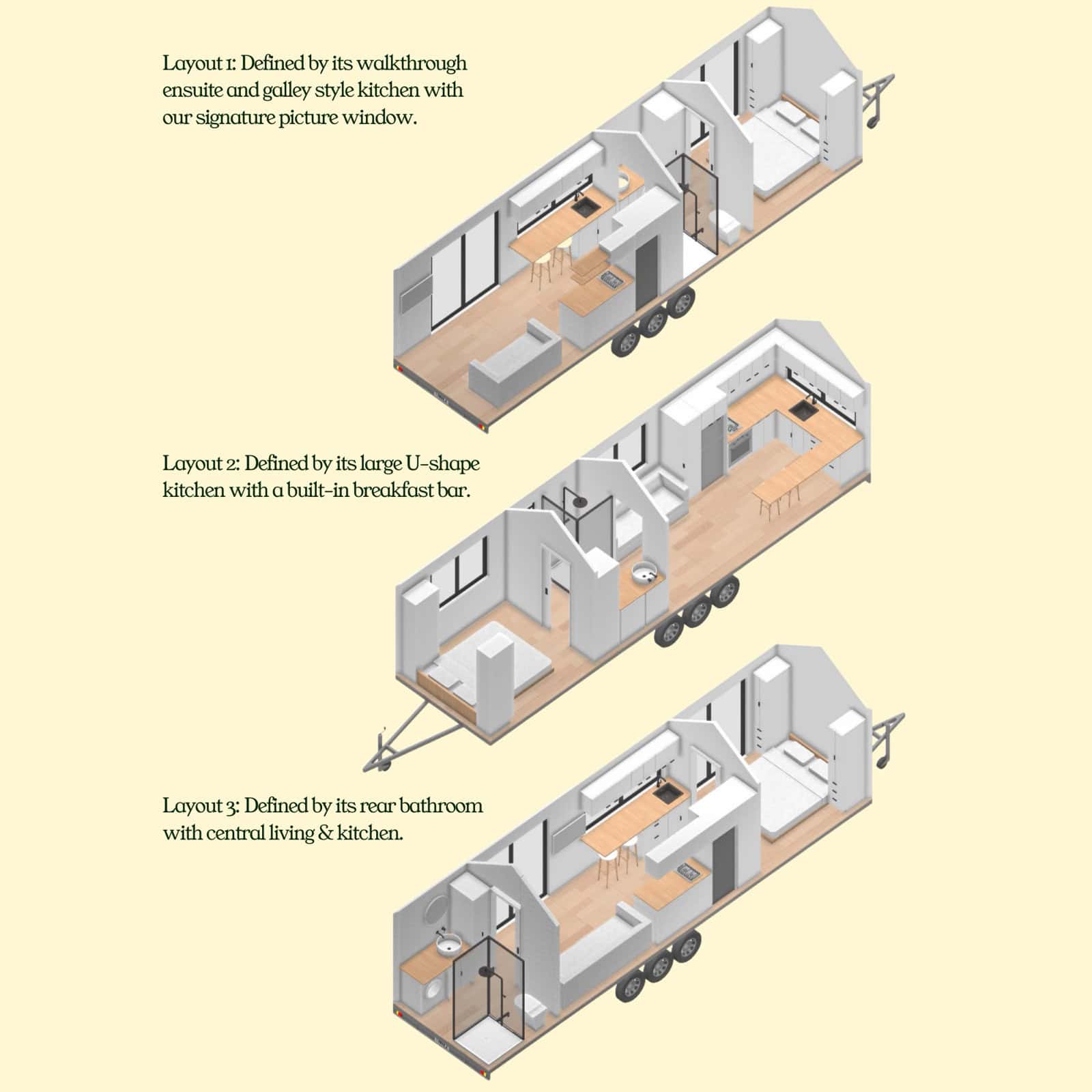 Three floor plan layouts for the Tallebudgera: a walk-through ensuite with galley kitchen, a U-shape kitchen with breakfast bar, and a rear bathroom with central living