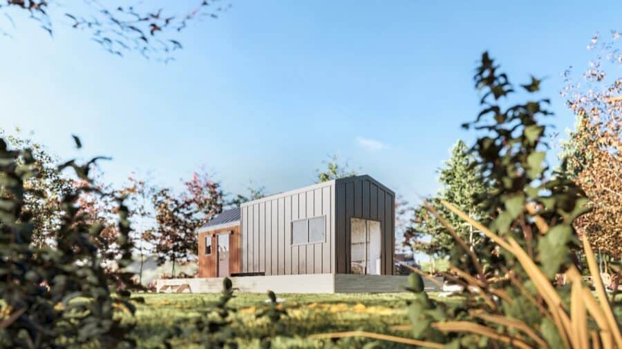 Modern 10-foot wide tiny house with mountain views and sleek design.