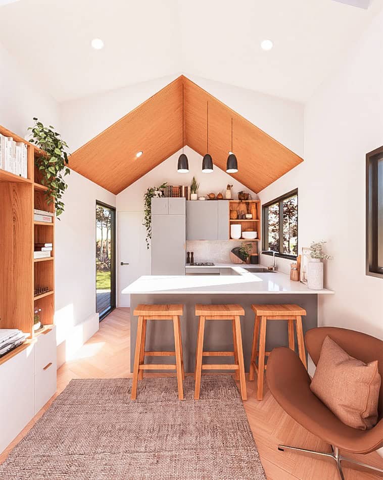 Tiny House Kitchen with vaulted ceiling and modern design.