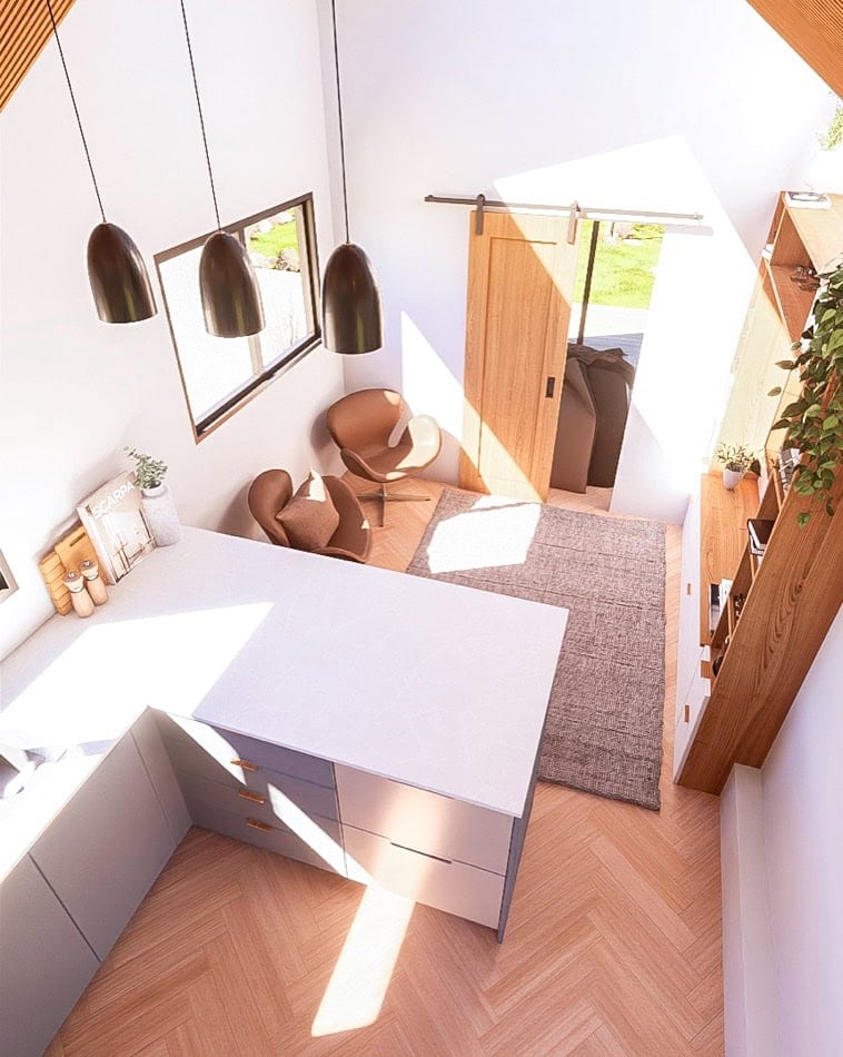 Bright tiny house interior with modern decor and natural light.