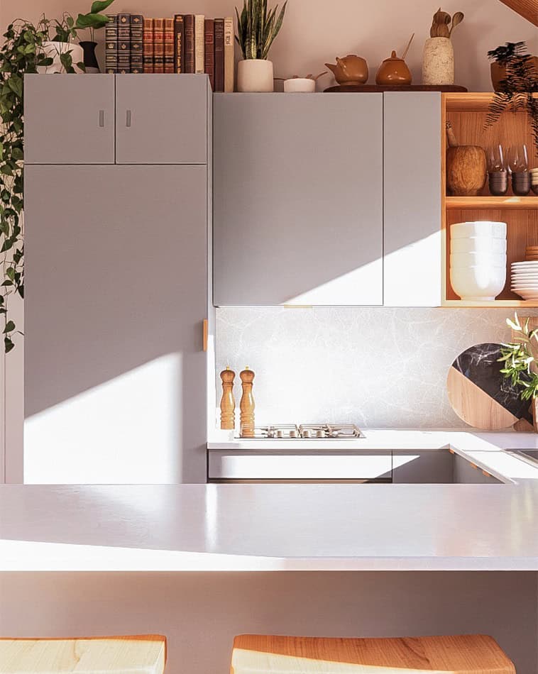 Compact kitchen in a 10-foot wide Rocky Mountain tiny house with minimalist design.