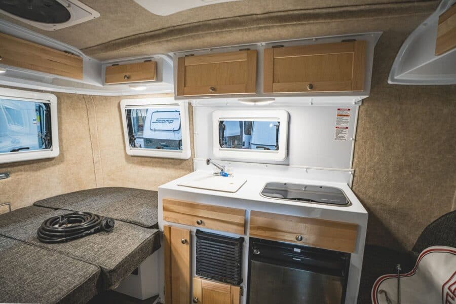 Galley with a sink and two-burner stove