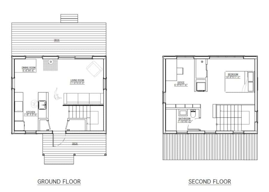 Forest-Ready Tiny Home Floor Plan with Living, Kitchen, Bedroom, and Office Spaces.