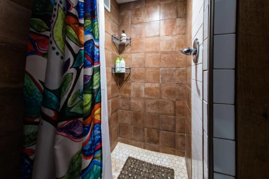 Small bathroom shower with brown tiles and colorful shower curtain.