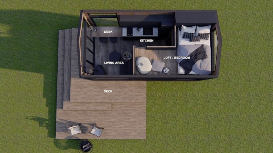 Interior view of a tiny house with loft, kitchen, living area, and outdoor deck.