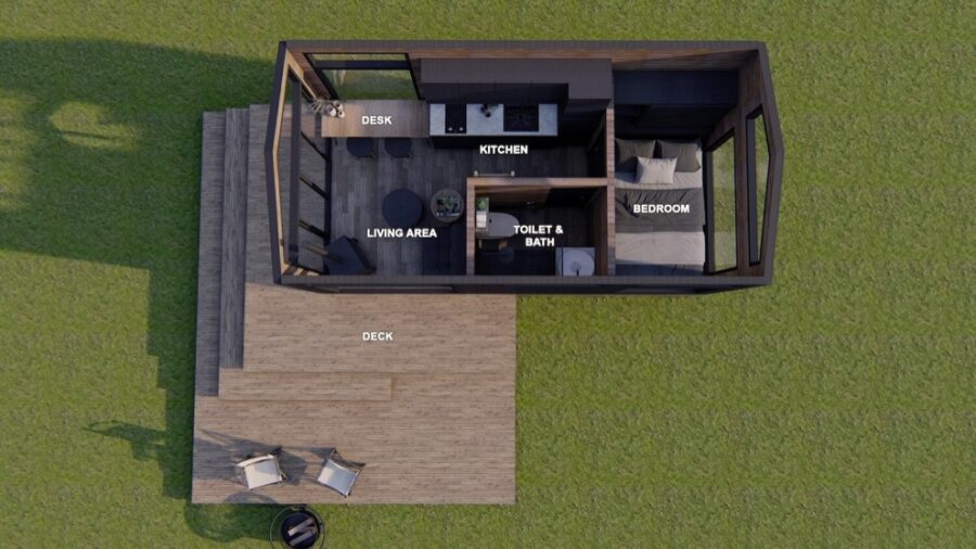 Aerial view of a tiny house interior showing kitchen, bedroom, living area, and deck.