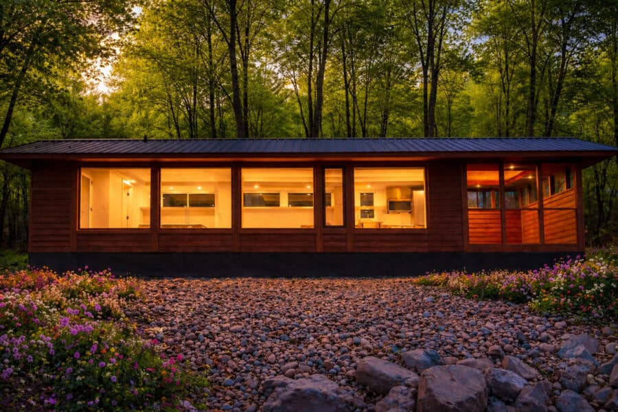 Shoreline-Glass-House-Exterior-Dusk-Lost-Lake-Canoe-Bay-Village