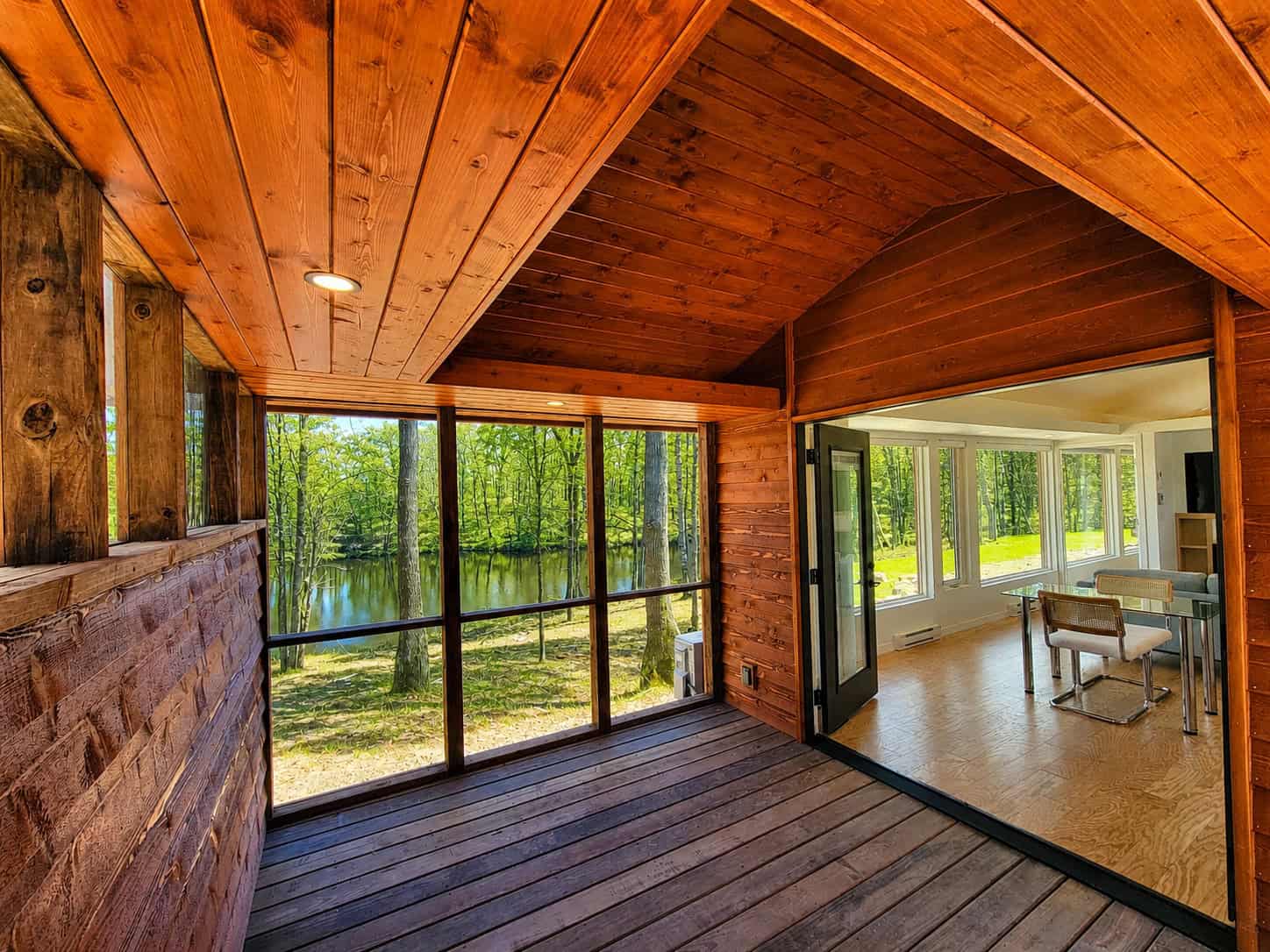 SHORELINE Glass House oversized screened porch with cedar ceiling overlooking Lost Lake
