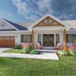Beautiful single-story tiny house with garage, front porch, and landscaped yard.