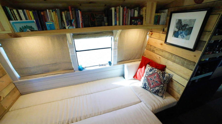 Solar-Powered Bus Conversion with Room for Books (And a Sewing Machine!) 1
