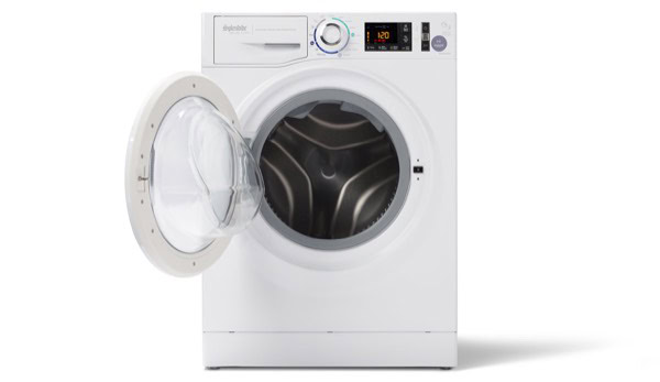 Front view of a modern white front-load washing machine with open door.