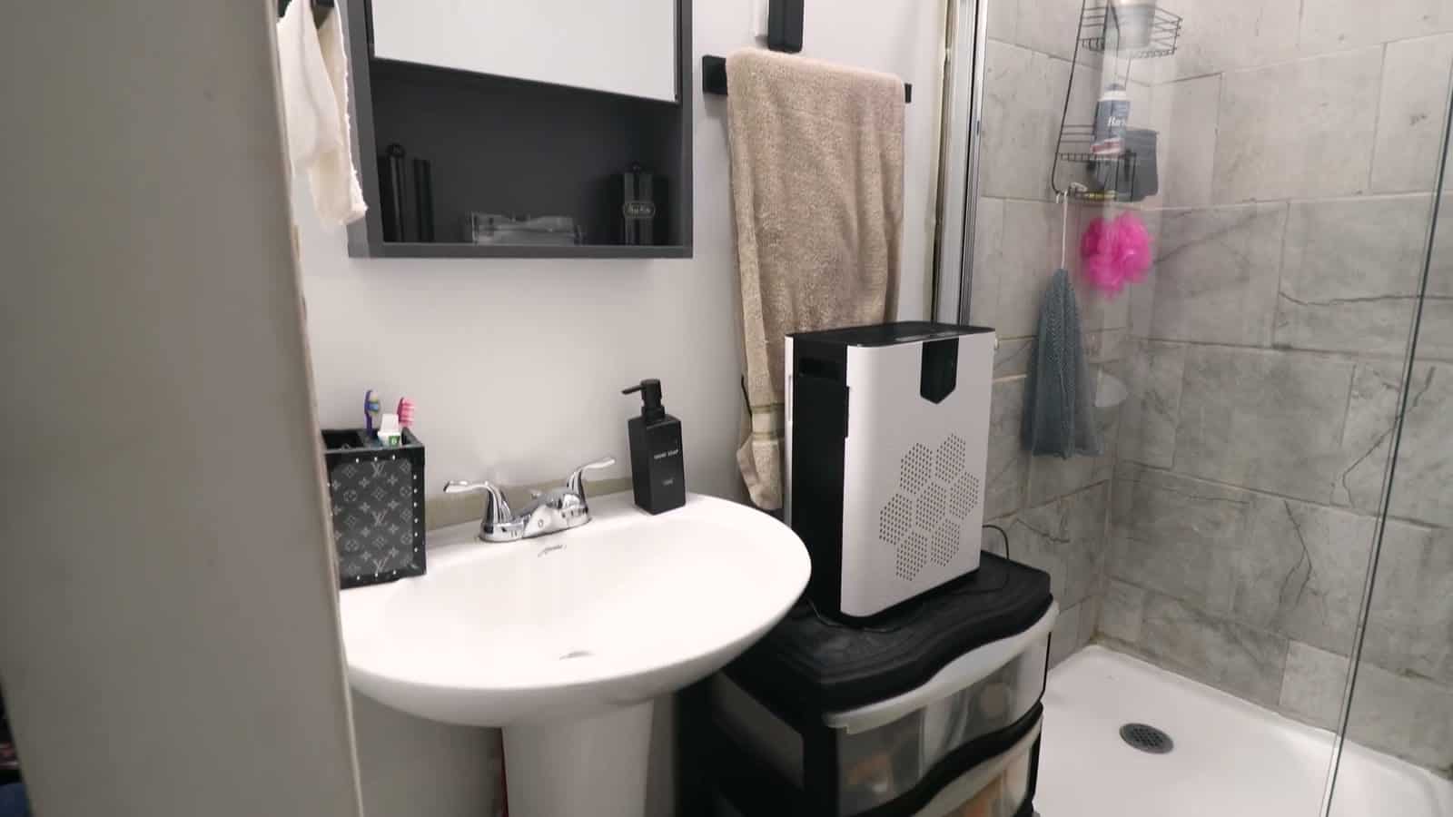 Bathroom of a shed conversion with a white pedestal sink, dark mirrored medicine cabinet, hanging towel, plastic storage drawers and a glass-door shower with gray tile