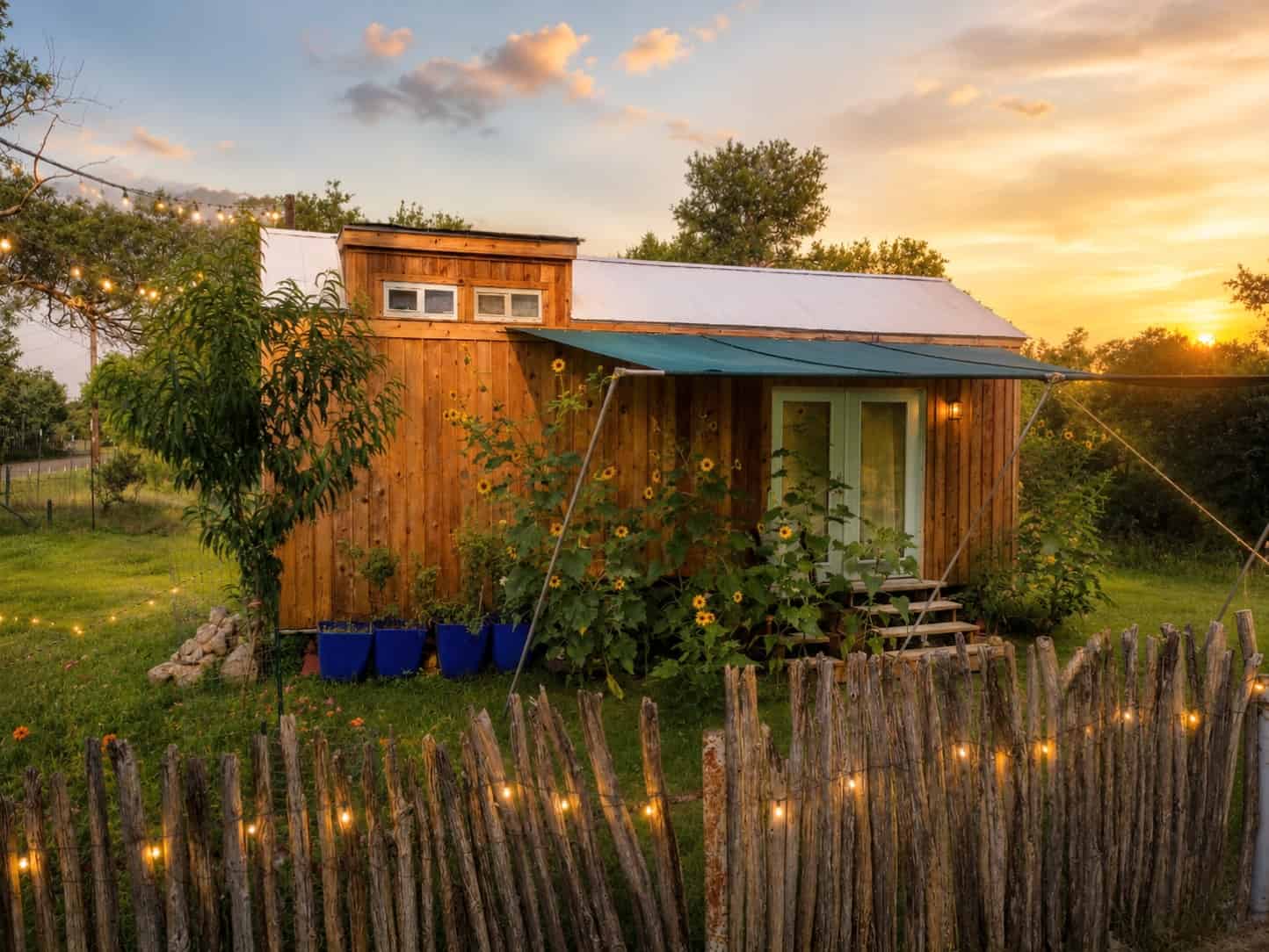 Storybook Cedar tiny house on wheels at sunset with sunflowers and string lights