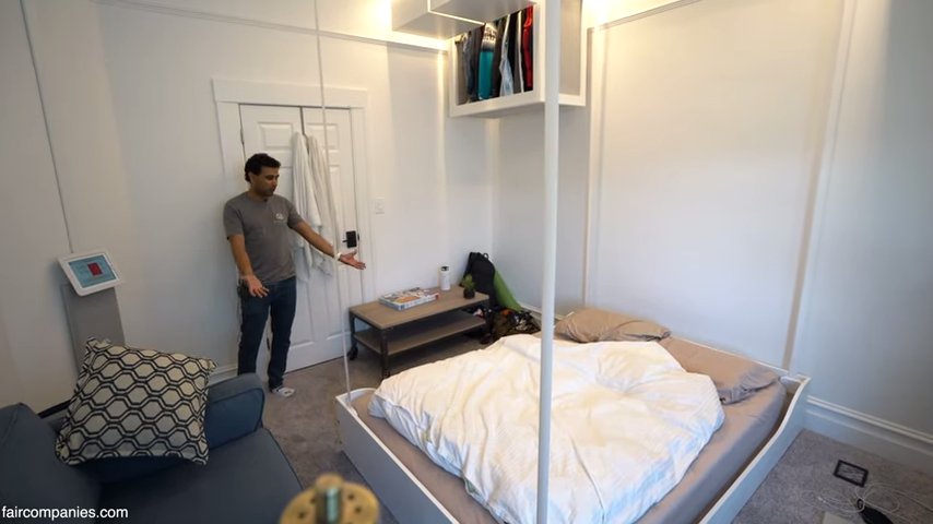 Studio apartment with descending bedroom via Kirsten Dirksen YouTube Furniture by Bumble Bee Spaces 008