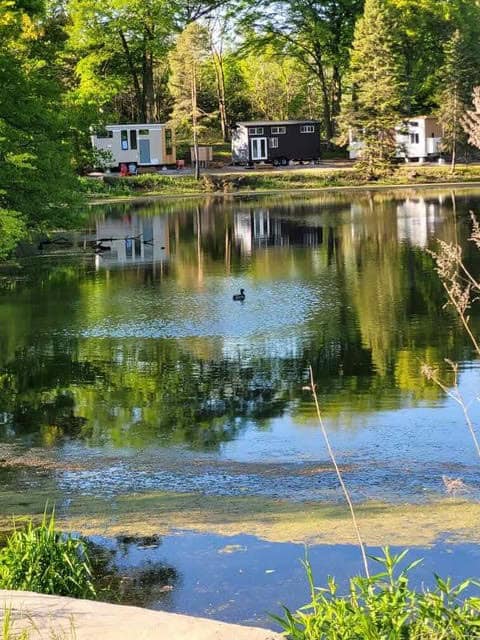 Tiny houses on a lakeside with lush trees and calm water reflection.