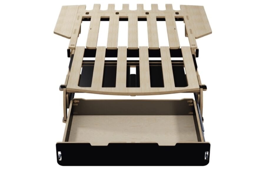 Wooden camping platform with storage drawer for Tesla Model Y, S, or X.