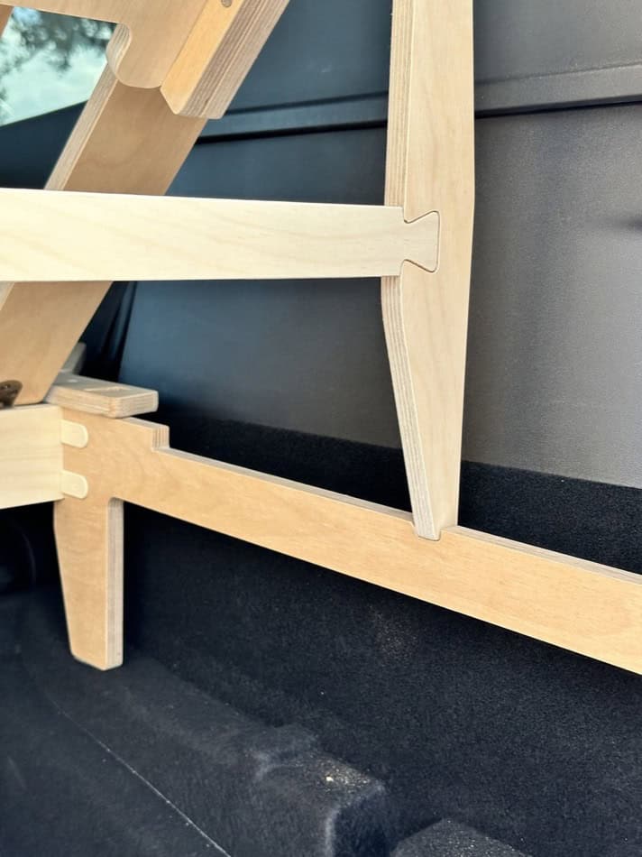 Custom wooden camping platform designed for Tesla Model Y, S, or X.