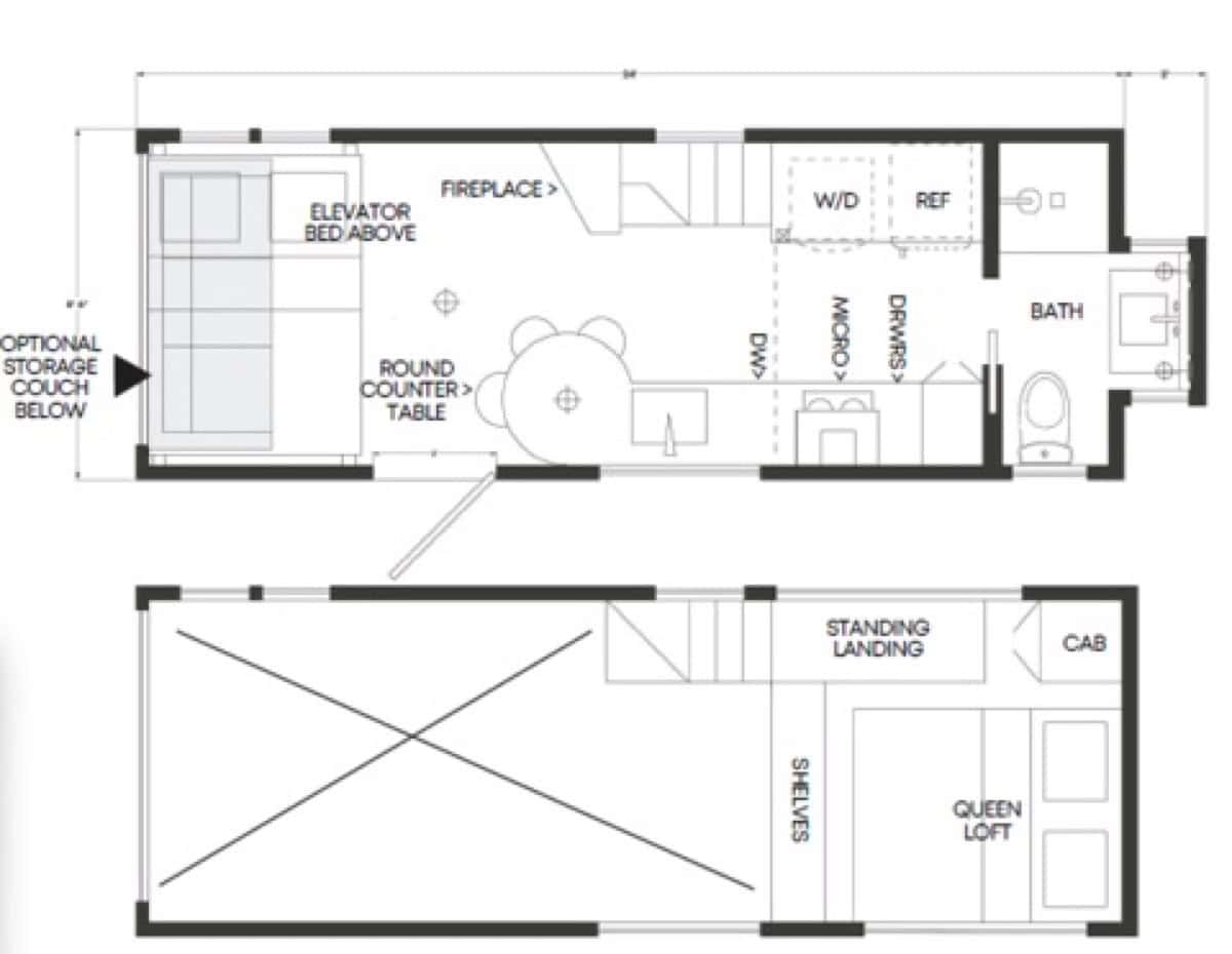 Terra Urban tiny house floor plan showing main level and loft layout