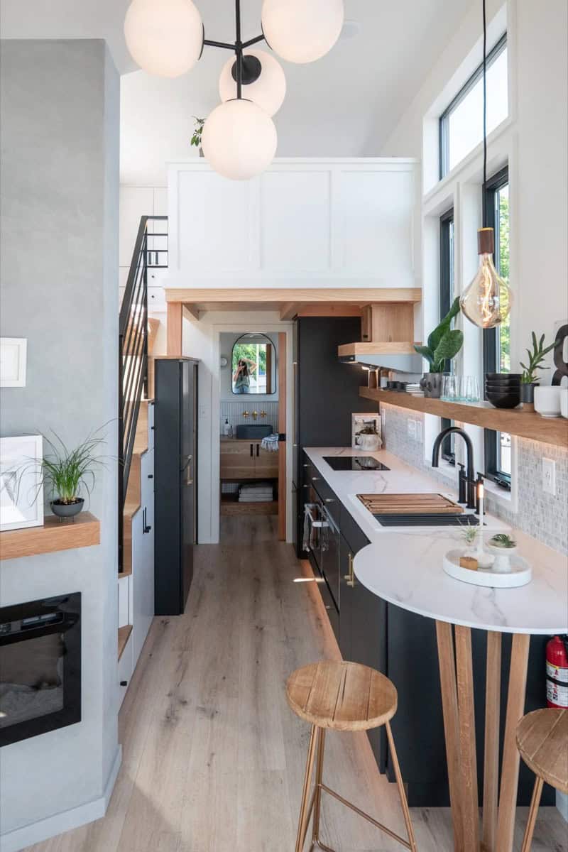 View from the loft over the kitchen and stairs in the Terra Urban tiny house