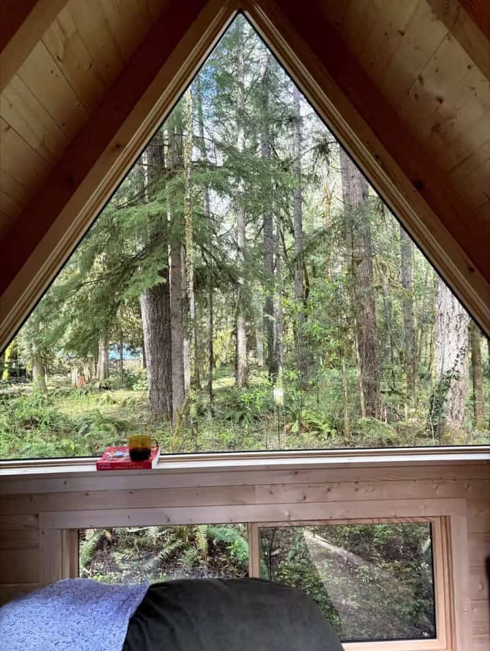 A-frame tiny house with large front window overlooking forest scenery.