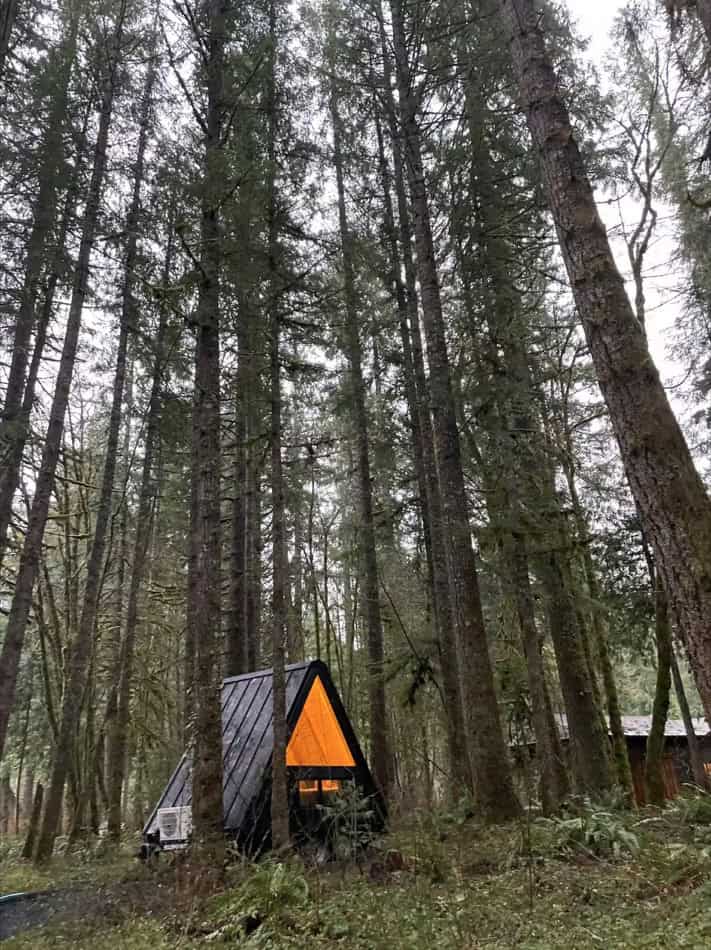 A-frame tiny house nestled among tall trees in McKenzie Bridge, Oregon.