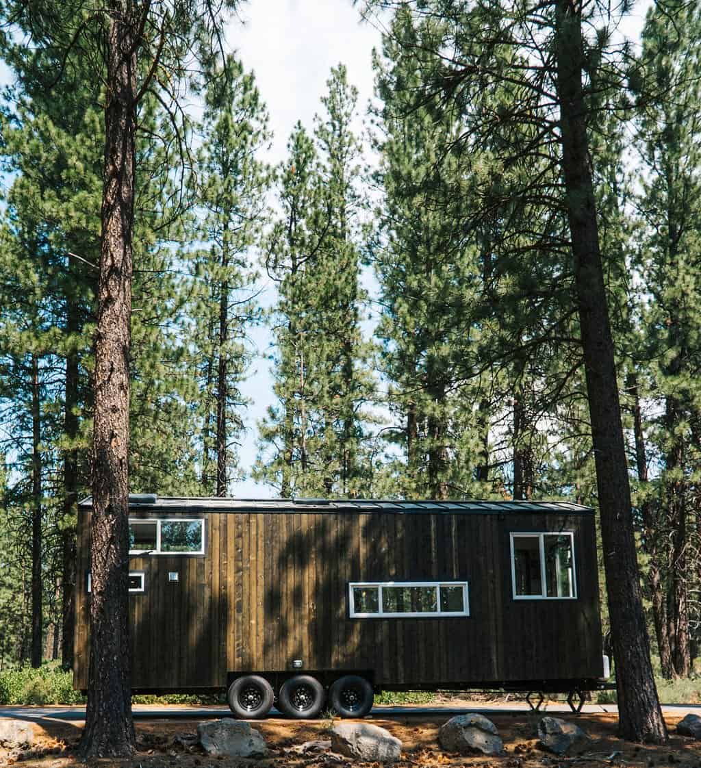 The Olympic tiny house parked among tall pines, showing its full length and dark wood siding