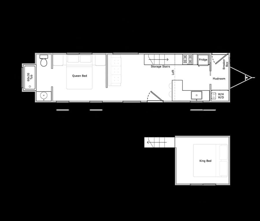 Compact tiny house layout with queen and king bedrooms for flexible living.