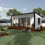 Tiny House with modern exterior and outdoor deck.