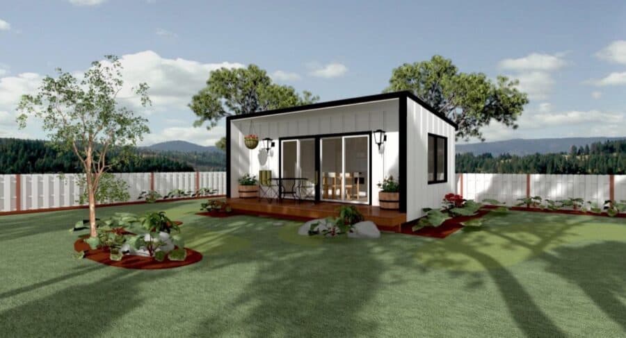 Tiny House with modern exterior and outdoor deck.