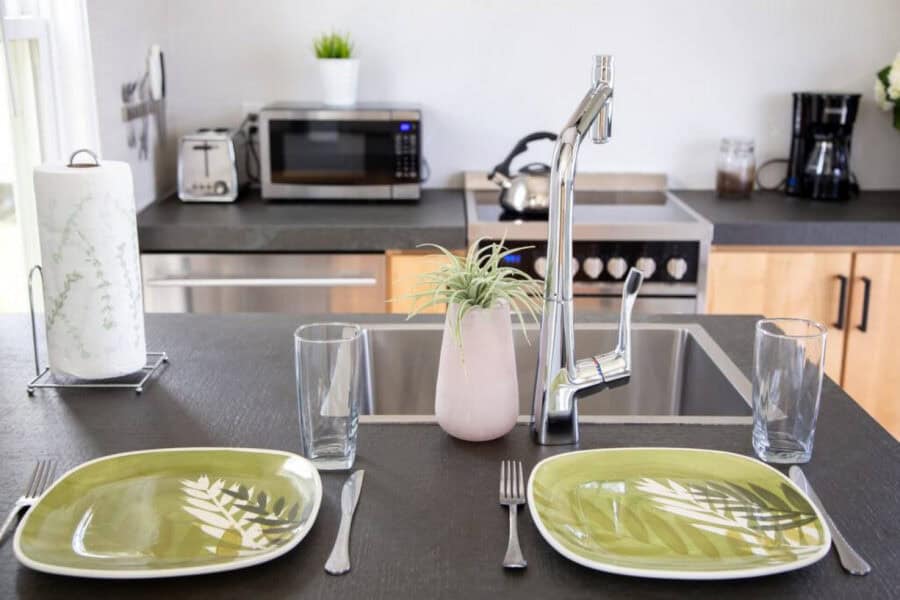 Modern tiny house kitchen with minimalist design and functional appliances.