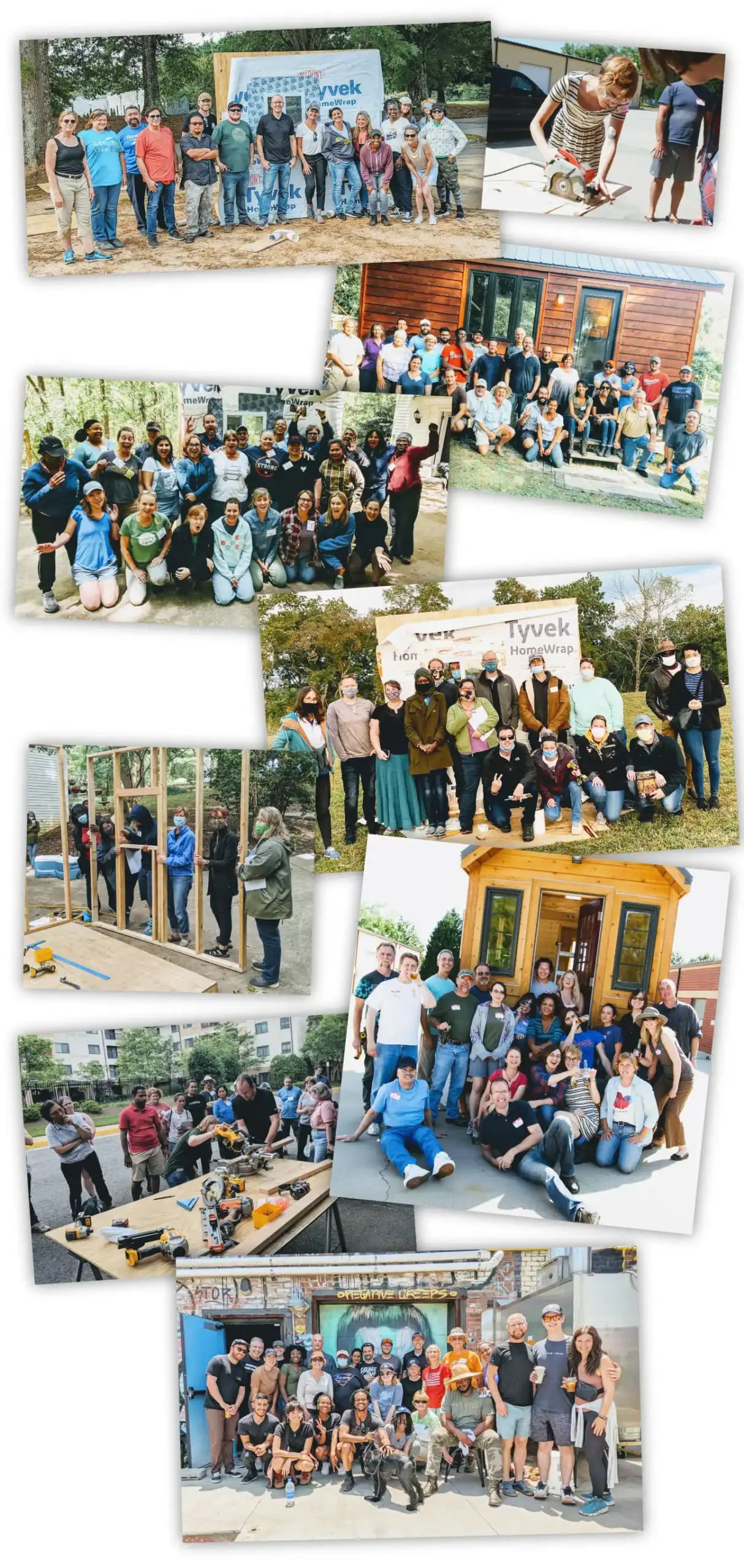 Collage of tiny house workshop participants working on various building projects