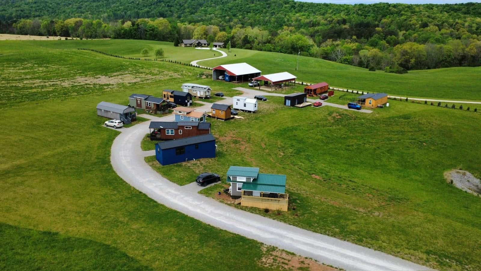 Aerial view of Tiny Homes Village, a tiny house community in Rock Island, Tennessee