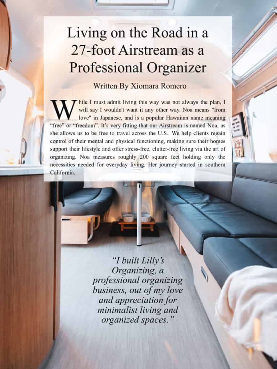 Airstream professional organizer interior with cozy seating and modern decor.